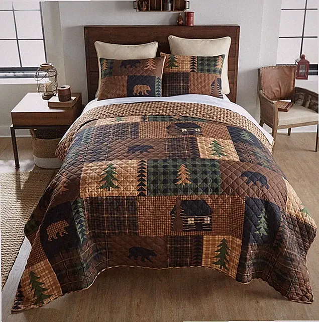 Black Bear Cabin Quilted Bedding 3-Piece Printed Set Lodge Cabin Theme Rustic