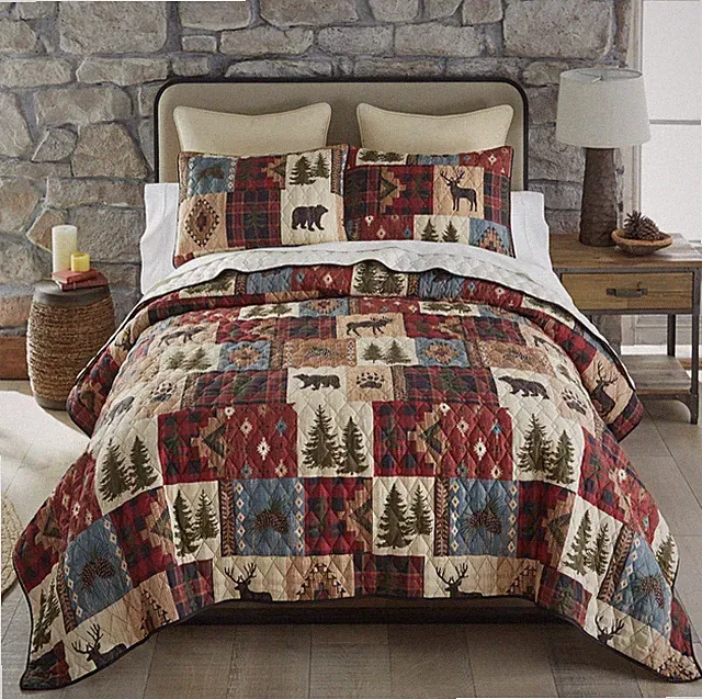 Black Bear Woodland Patch Printed Quilt Set Lodge Cabin Woods Wildlife