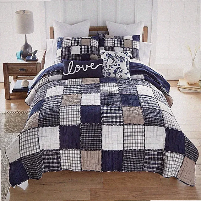 Checkerboard Indigo Ragged Edge Patchwork Country Queen 3 Pc Quilted Bedding Set