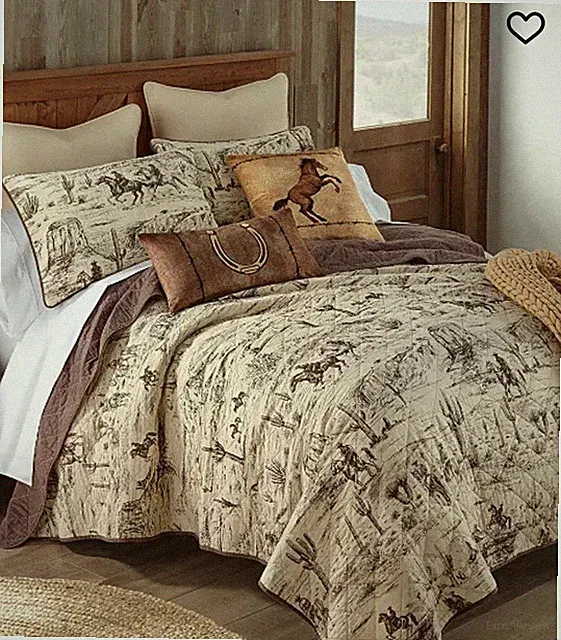 Cowboy Western Brown Cream Country Farmhouse King 3 Pc Quilted Bedding Set