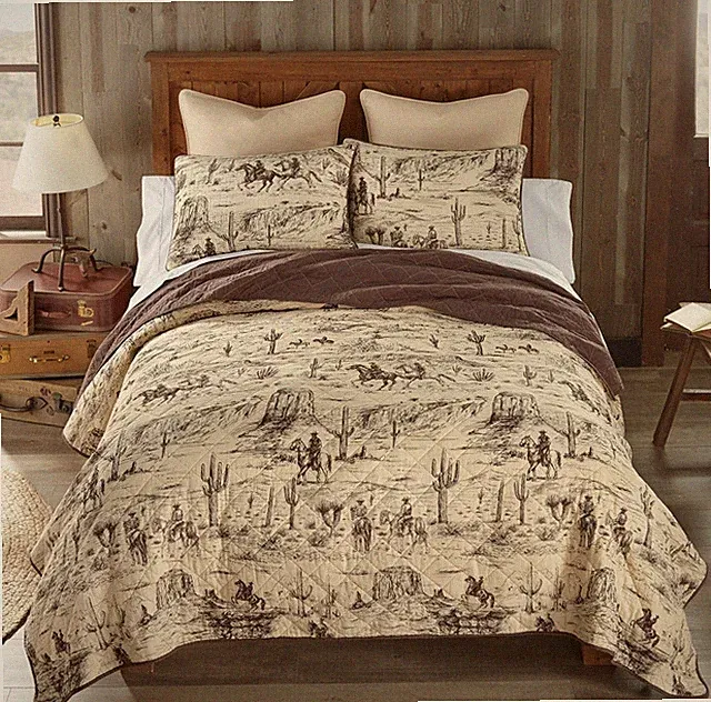 Cowboy Western Cotton Quilt Set Horse Ranch 3 Piece Bedding Equestrian Decor