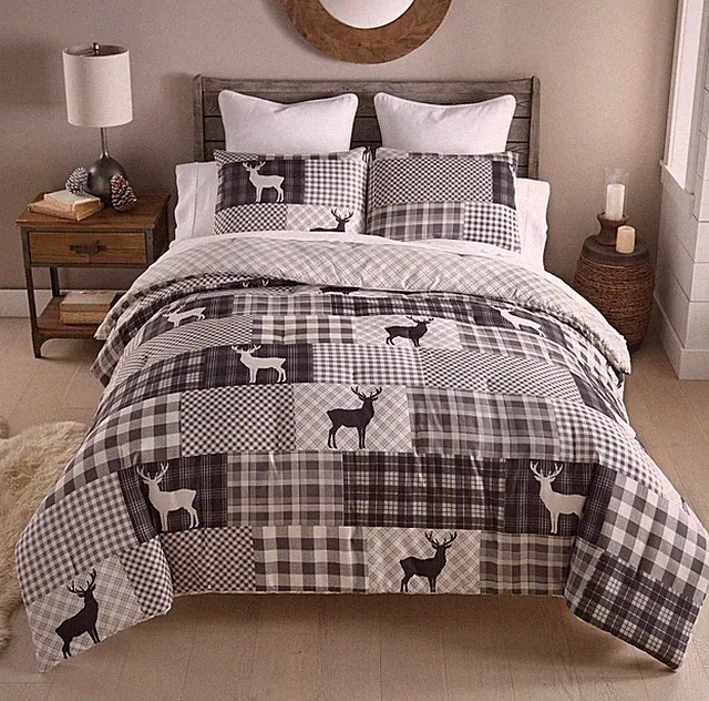 Deer Theme Ridge Point Reversible Comforter Set Patchwork Cabin Lodge Rustic