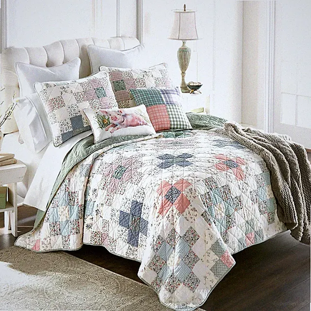 Donna Sharp April Patch Cotton Pieced King Quilt Set Floral Plaid Check Country