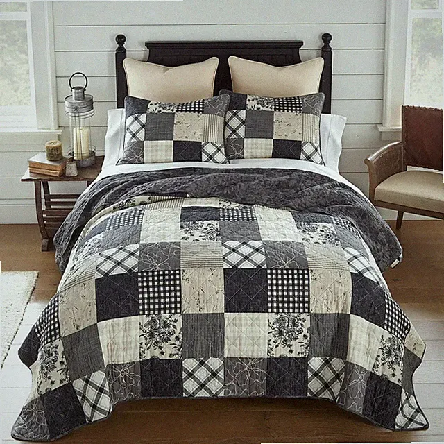Donna Sharp Augusta Patchwork Soft Black Ivory Cotton Cal King 3PC Quilt Set