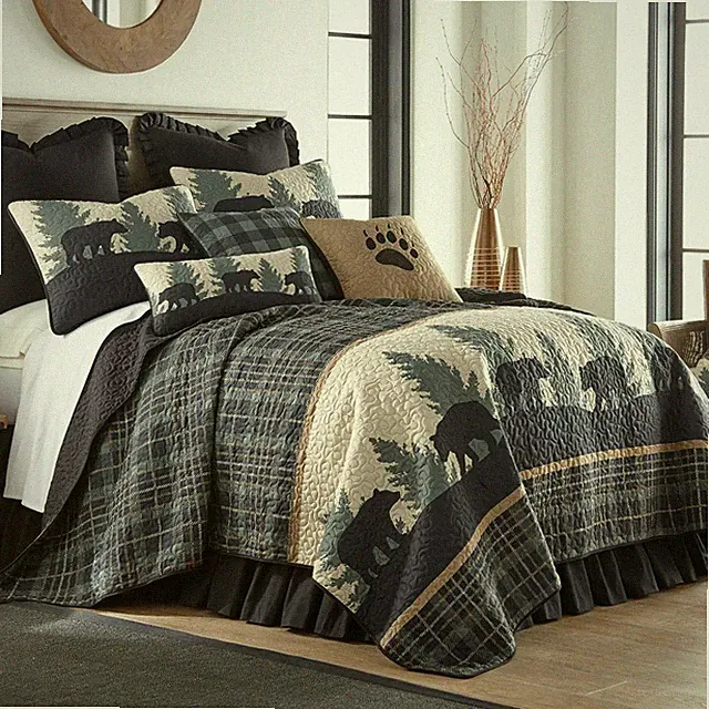 Donna Sharp Bear Walk Plaid **KING** Quilt Lodge Cabin Woodland Trees Green New