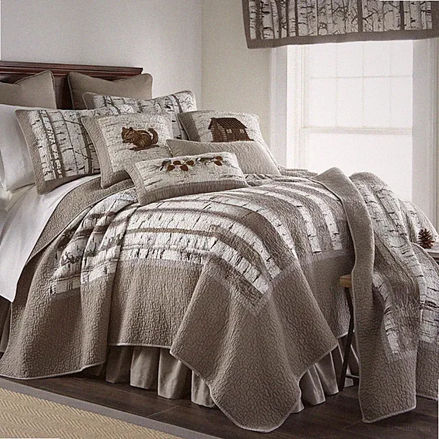 Donna Sharp Birch Forest *KING* Quilt & Pillow Cotton Bedding Lodge Tan White
