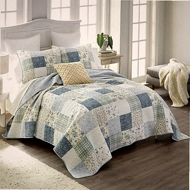 Donna Sharp Blue Pastures Queen Quilt Set Country Cottage Cotton Patchwork New