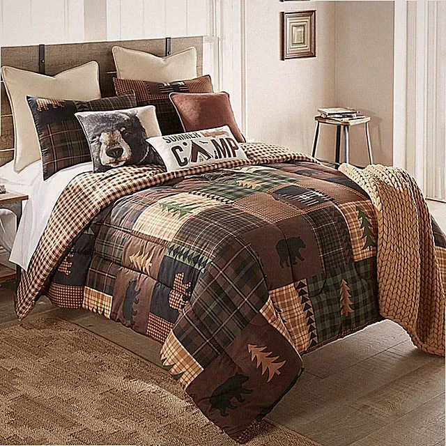 Donna Sharp Brown Bear Cabin Comforter Set Rustic Lodge Green Tan & Bear Pillow