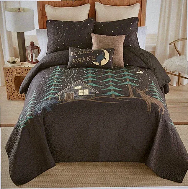 Donna Sharp Evening Lodge Quilt **QUEEN** 3-Piece Set Cabin Bear Deer Tree EUC