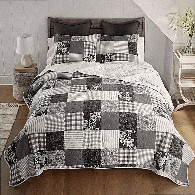 Donna Sharp Indiana Farmhouse Patchwork Black White Cotton King 3PC Quilt Set