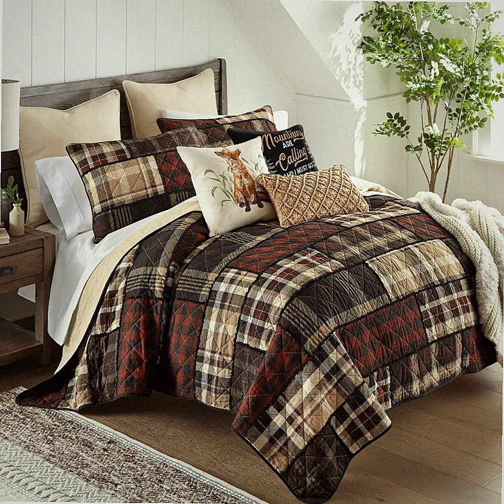 Donna Sharp LJ Plaid Pieced Cotton Rag Queen Quilt Set Patchwork Rustic Country