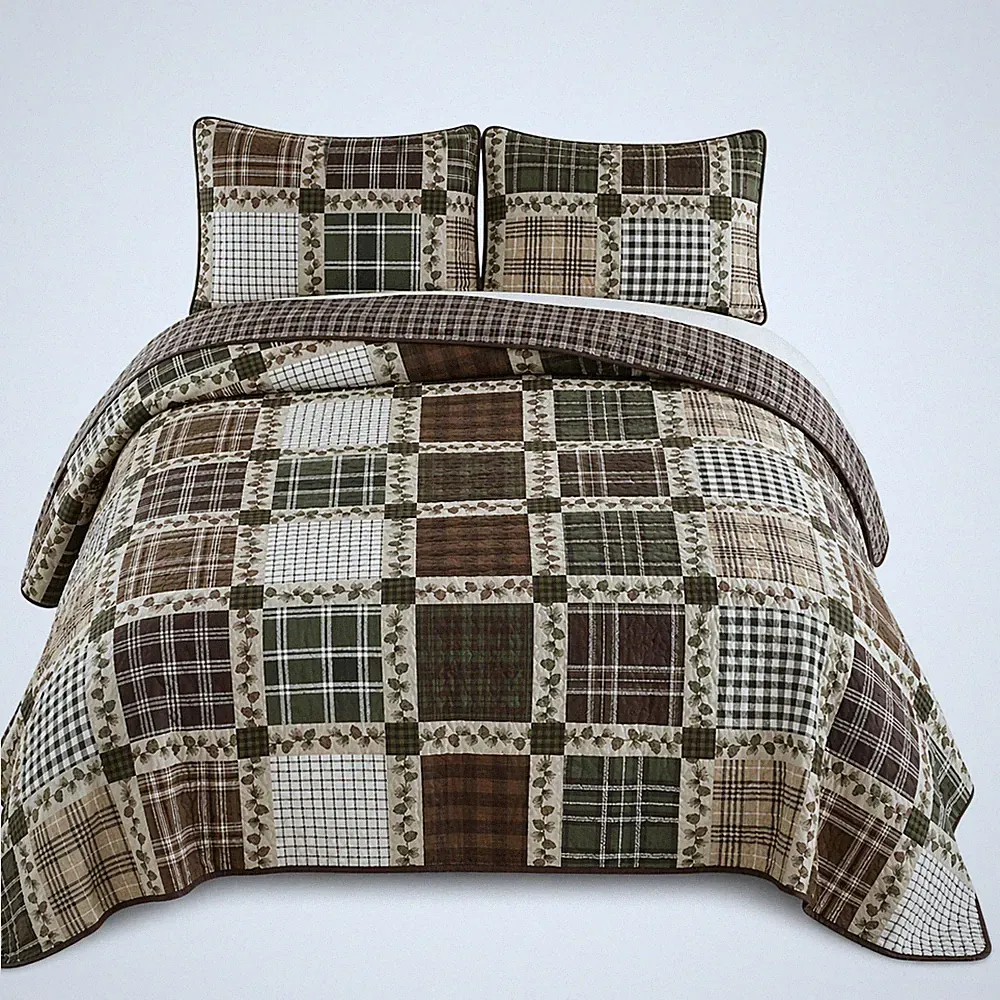 Donna Sharp Pine Patch Quilt Set Queen 92x90 2 Shams Lodge Bedding Brown & Green