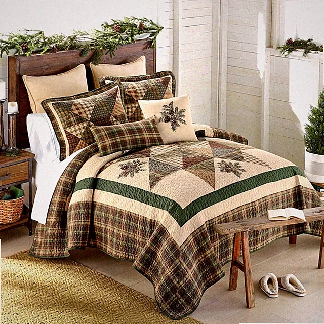 Donna Sharp Pine Star Cotton Embroidered Pinecones Queen Quilt Set Rustic Lodge