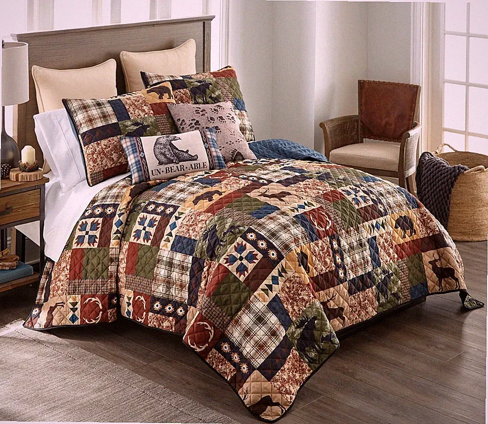 Donna Sharp Rustica Queen 3-Pc Quilt Set Lodge Log Cabin Bear Moose Plaid New