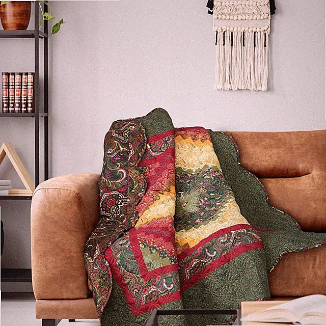 Donna Sharp Spice Postage Stamp Throw Cozy Cottage Cabin Green Red Yellow Ivory