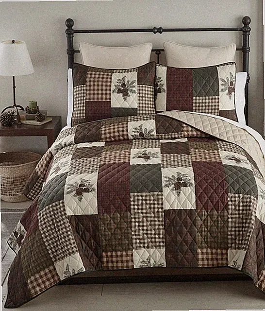 Pine Cone Panels Printed Quilt Set Country Lodge Rustic Cabin Tree Theme New